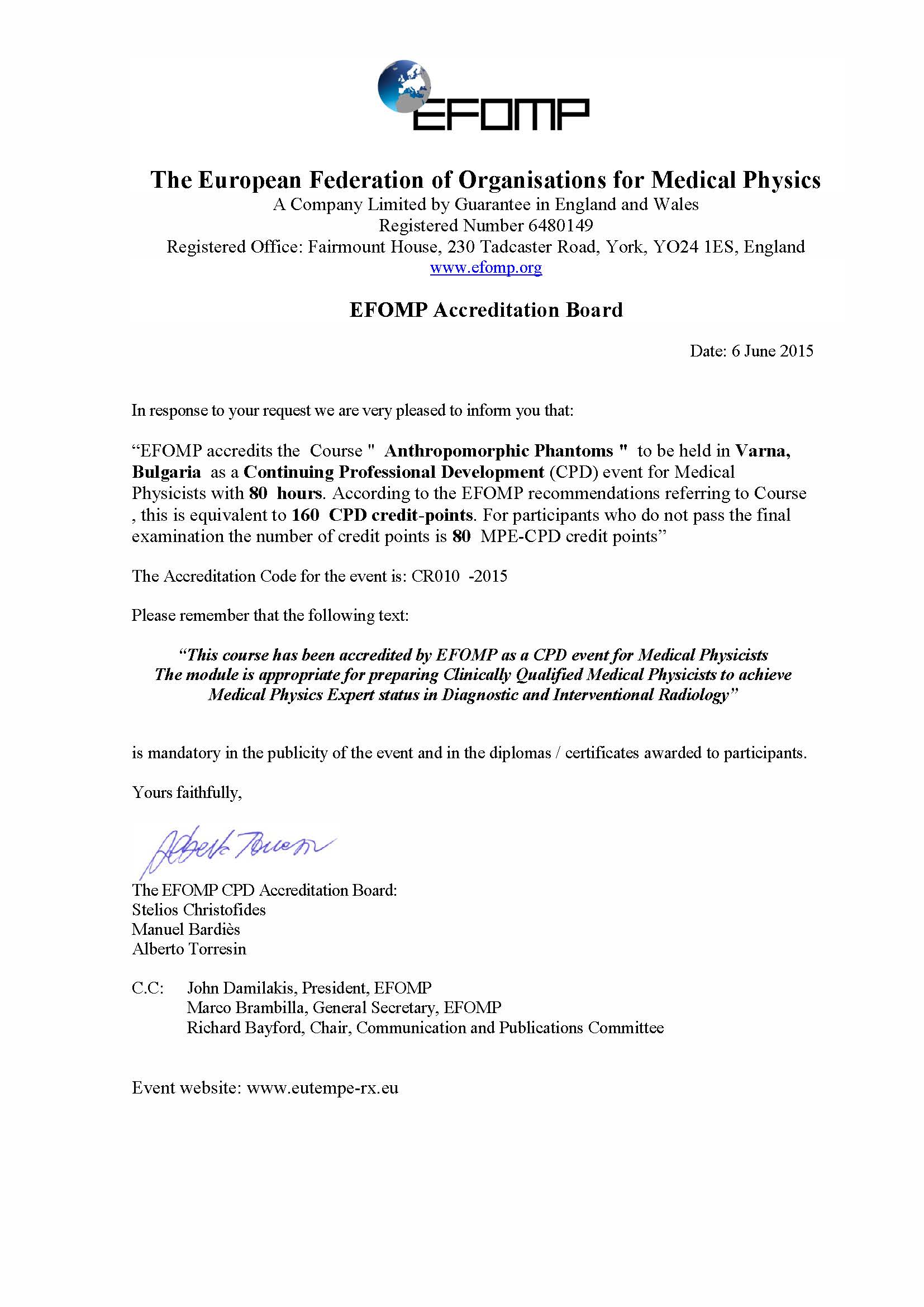 CR010-2015-EFOMP Certificate of Accreditation
